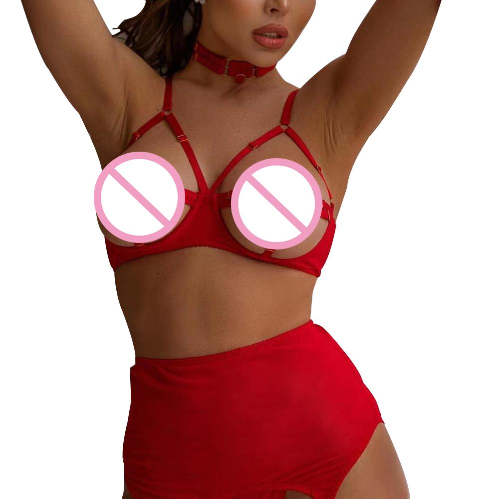 Factory Direct Sales Embroidery Sexy Perspective Red Hollow Lift Up Bra Lingerie Set
