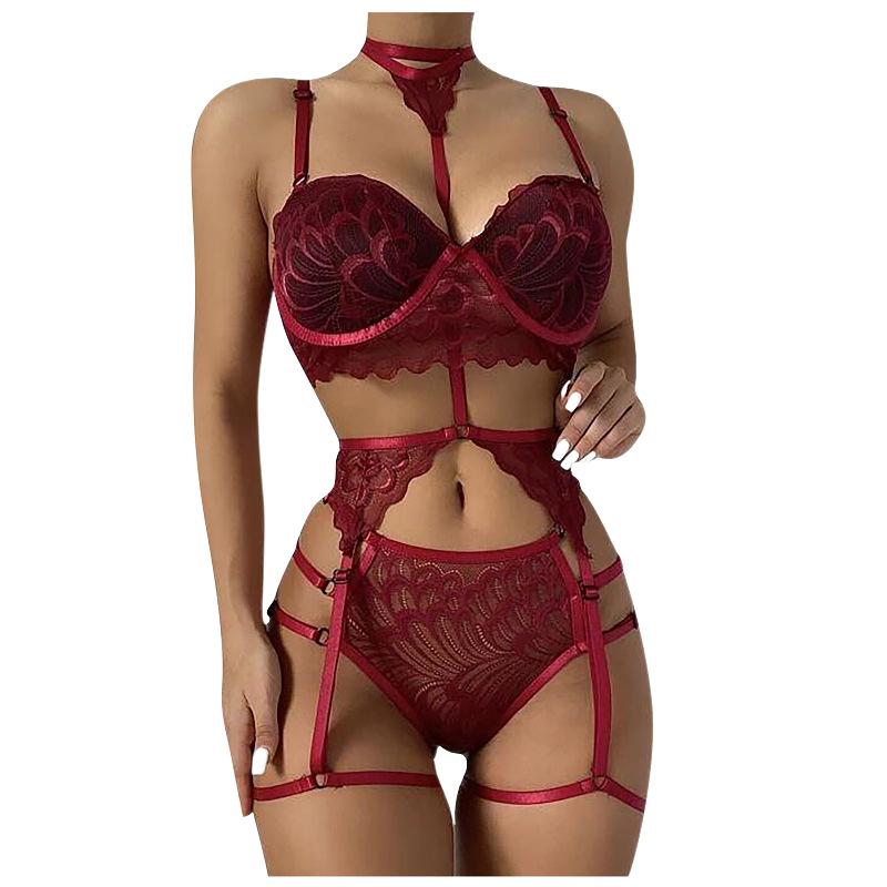 Women&#39;s Sexy Sheer Mesh Lace Deep V Exposed Hip Suspenders Three-piece Underwear Panties Erotic Lingerie Set