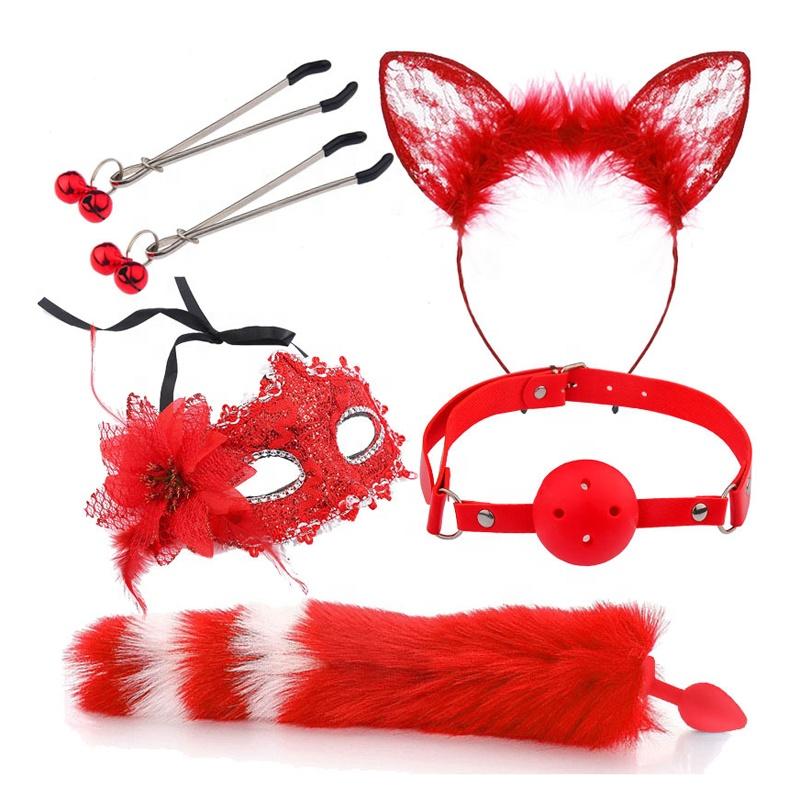 Sexy Cosplay Flirting Sex Foreplay Erotic Mask Ears Hairband Collar Nipple Clamps Fox Tail Anal Plug 5pcs Bdsm Set