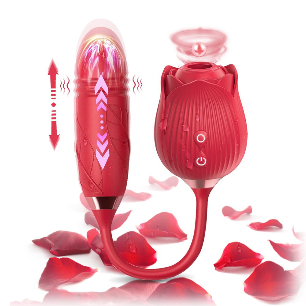   2 In 1 Rose Flower Sucking Thrusting Dildo Rose Vibrator Sex Toys For Adult Women Clit Vacuum Stimulator