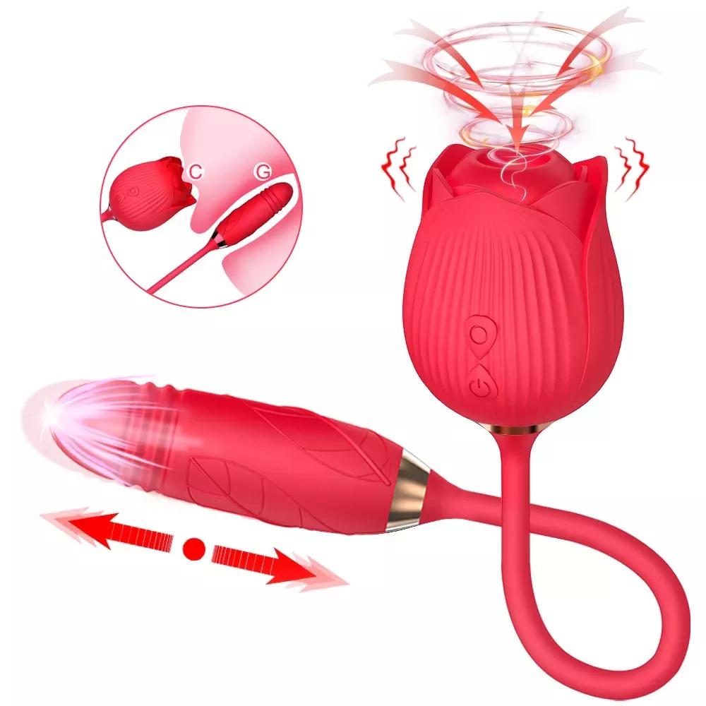 2 In 1 Sucking Dildo Rose Vibrator Sex Toys For Adult Woman Rose Thrusting Vibration G-spot Stimulate Clitoris Massager