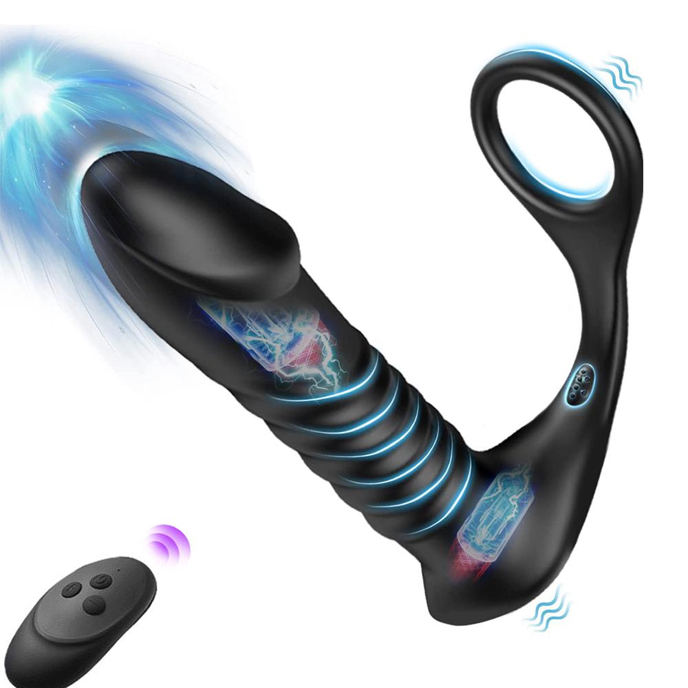 Hot Selling 4-in-1 Prostate Massager Anal Vibrator Thrusting Dildos Delay Ejaculation Lock Ring Silicone Anal Butt Plug Sex Toy