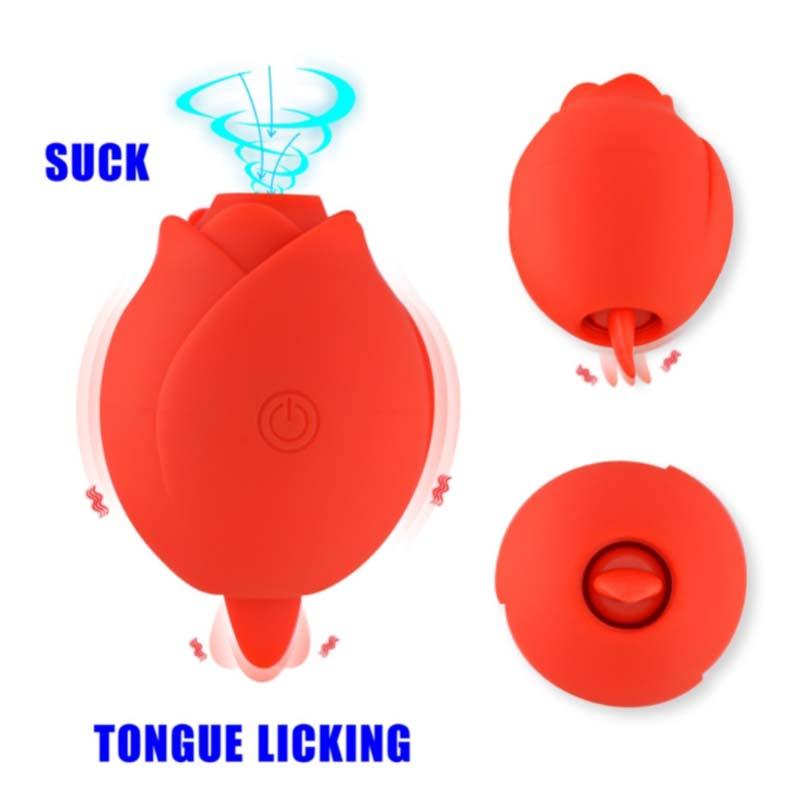 Women Rose Sex Toy Powerful Clitoral Sucking Black Rose Vibrator Licking Tongue Double Sided Rose Shape Vibrator For Couples