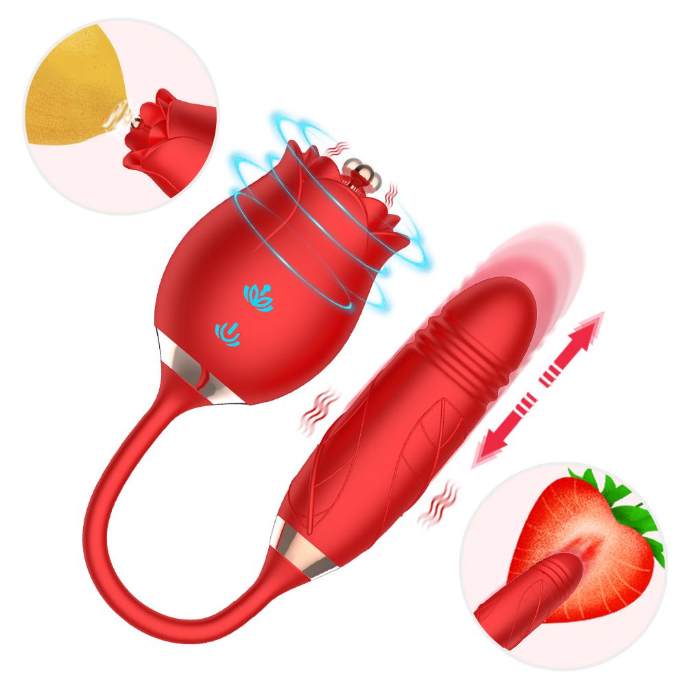  10 Modes 3 In 1 Clitoris Tongue Lick Toys Tease Massager Rose Dildo Flirting Double-head Telescopic Vibration Stimulation
