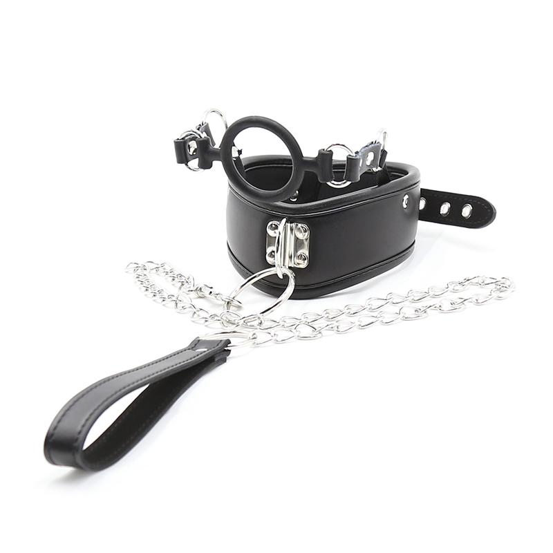 Leather Bdsm Iron Chain Slave Collar And Leash With Silicone O Ring Bondage Mouth Gag