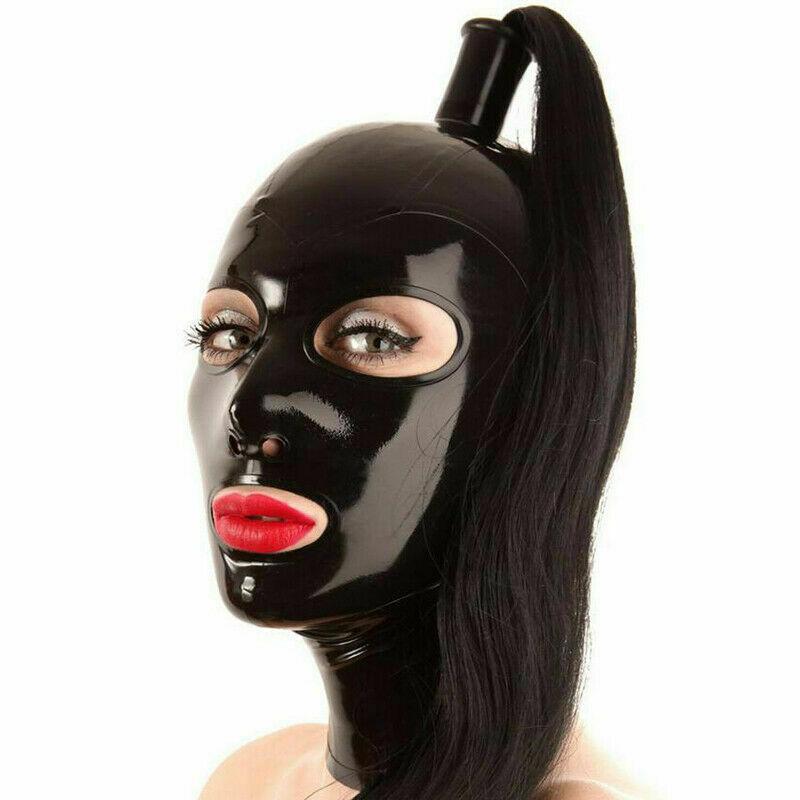Handmade Sexy Rubber Fetish Mask With Tress Wig Hair Sm Bondage Hoods
