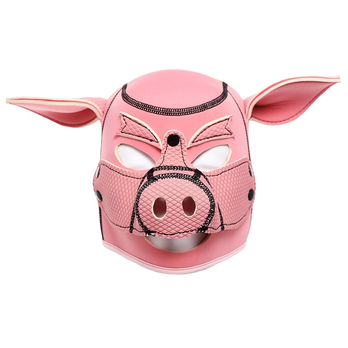 Neoprene Bondage Fetish Piggy Mask Black Full Face Breathable Restraint Head Hood For Adults