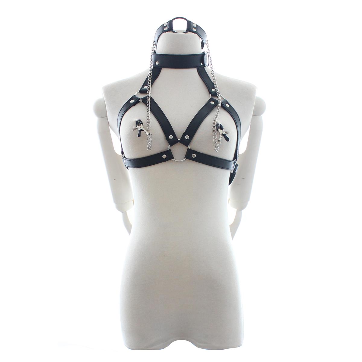 Women's Leather Lingerie Harness With Bondage Nipple Clamps And Gag Sensual Gear For Enhanced Experience