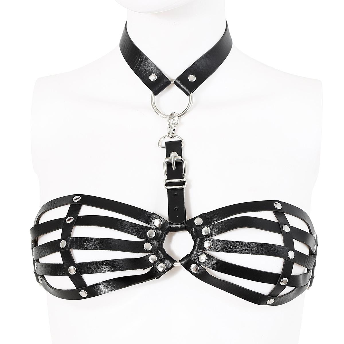 Sexy Women's Goth Punk Lingerie Pu Leather Belt Bra With Wireless Strapless Seamless Push Up Back Closure Bondage Gear