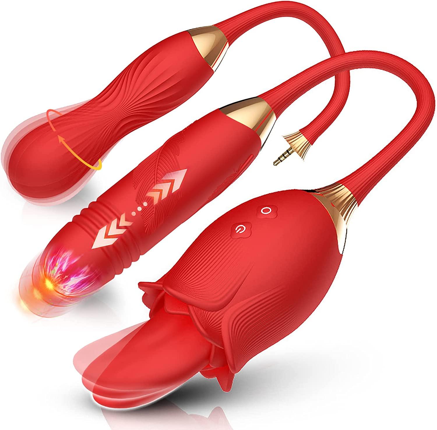 2022 New Rose Vibrator With Tongue & Replaceable Thrusting Dildo & Bullet Vibrator 3 In 1 Rose Toy Stimulator For Women