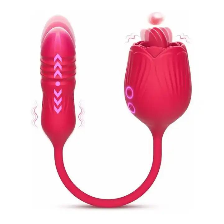 Amazon Hot Selling Rose With Dildo 2 In 1 Tongue Licking Vibrator Juguetes Sexuales Sex Toys For Women