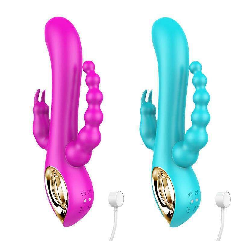 Three head vibration, vestibule, vagina, clitoris, triple stimulation, silicone charged 10 frequency vibrator