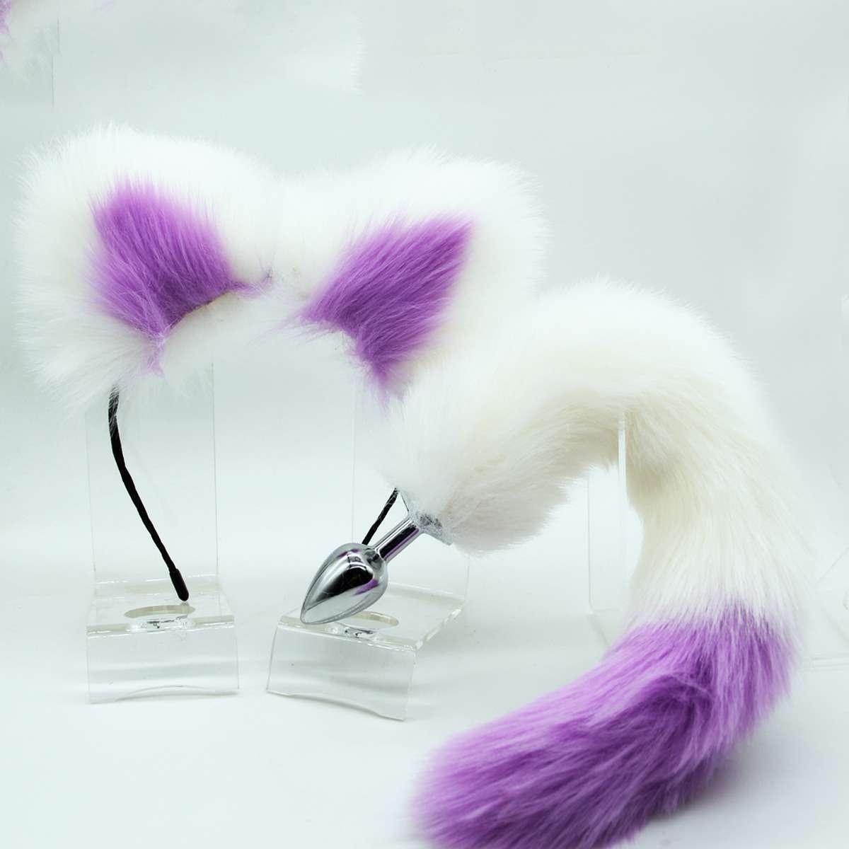 Multicolored tail, plush hairpin, ear clip, role play, anal plug