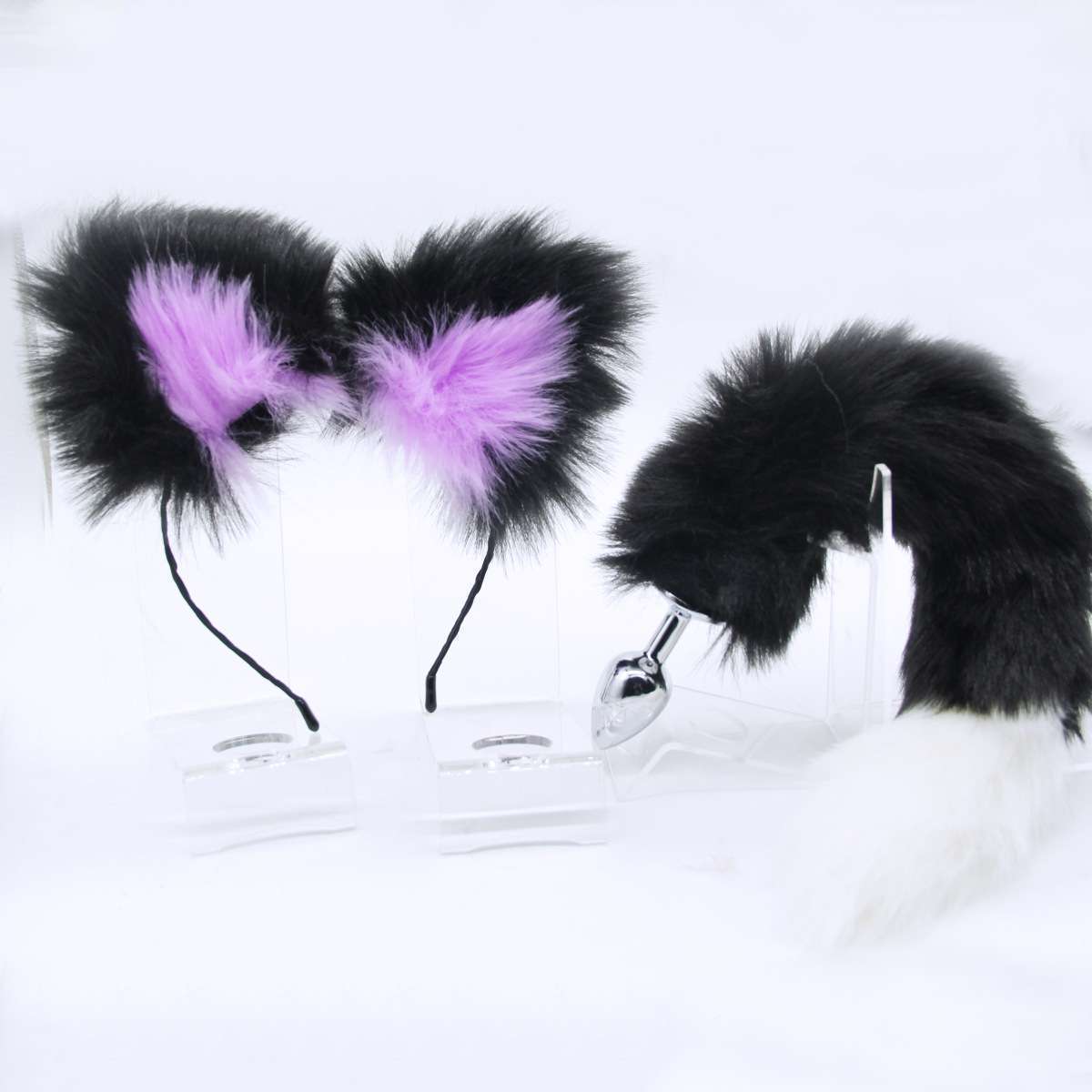 Multicolored tail, plush hairpin, ear clip, role play, anal plug