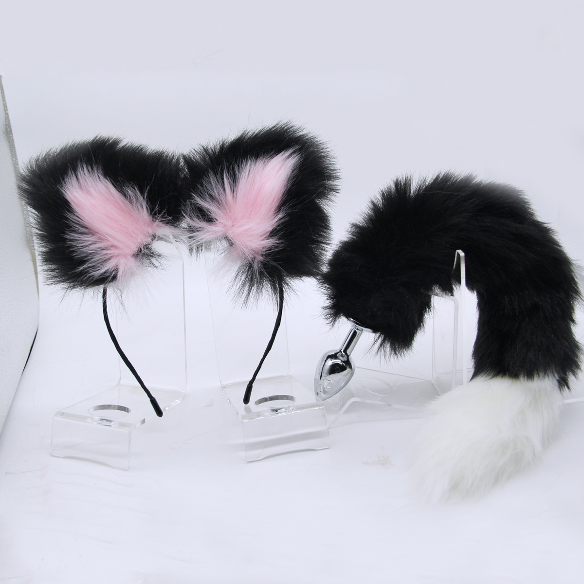 Pink black headband + white black tail