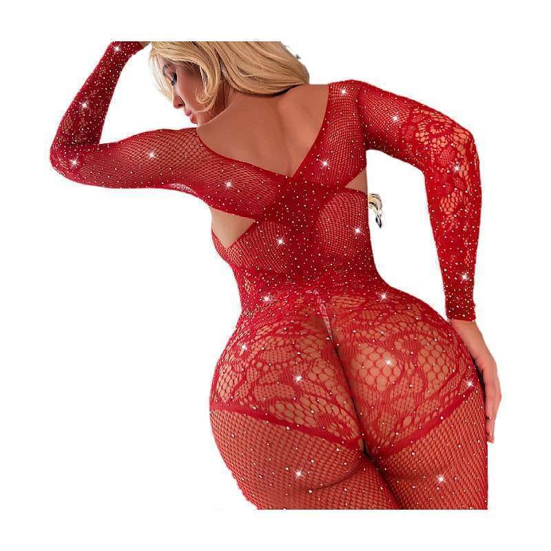 Sexy Lingerie,Long sleeve,Sparkle Rhinestone,Fishnet Bodysuit ,body-Stocking,red