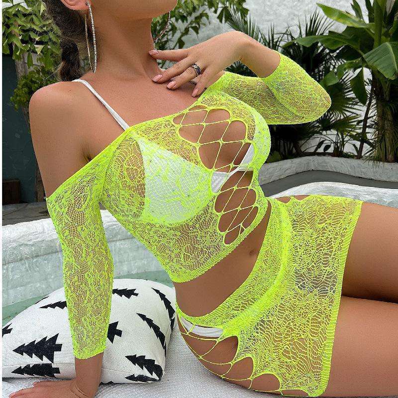 Sexy Mesh Fishnet Dress,Hollow Out,Sparkle Rhinestone,Women Lingerie Set 2 Piece