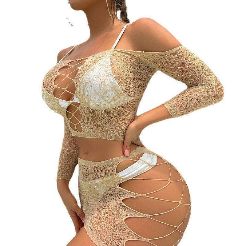 Sexy Mesh Fishnet Dress,Hollow Out,Sparkle Rhinestone,Women Lingerie Set 2 Piece