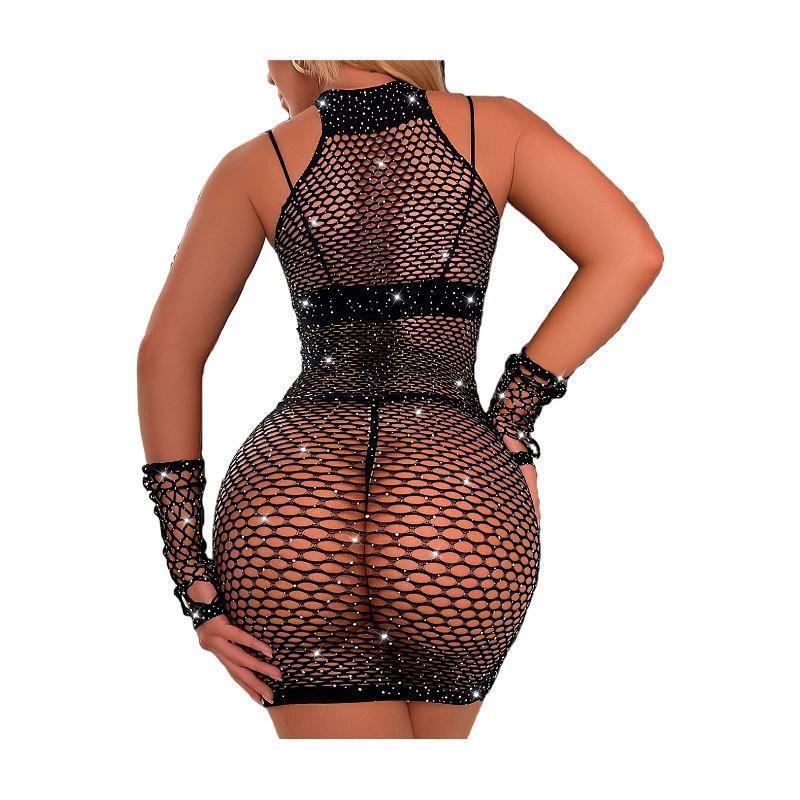 Sexy Lingerie,Sexy Mesh Fishnet Dress,Hollow Out，Sparkle Rhinestone,Black
