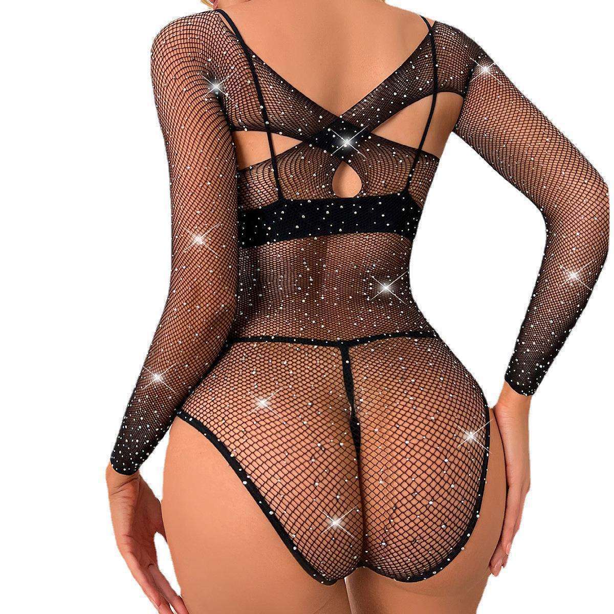 Sexy Mesh Fishnet Dress,Sparkle Rhinestone,Long sleeve,Black