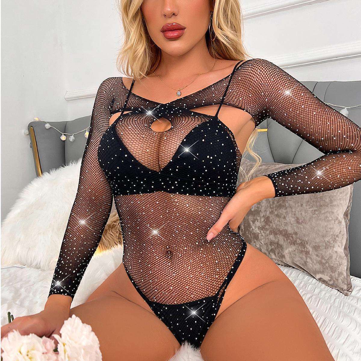 Sexy Mesh Fishnet Dress,Sparkle Rhinestone,Long sleeve,Black