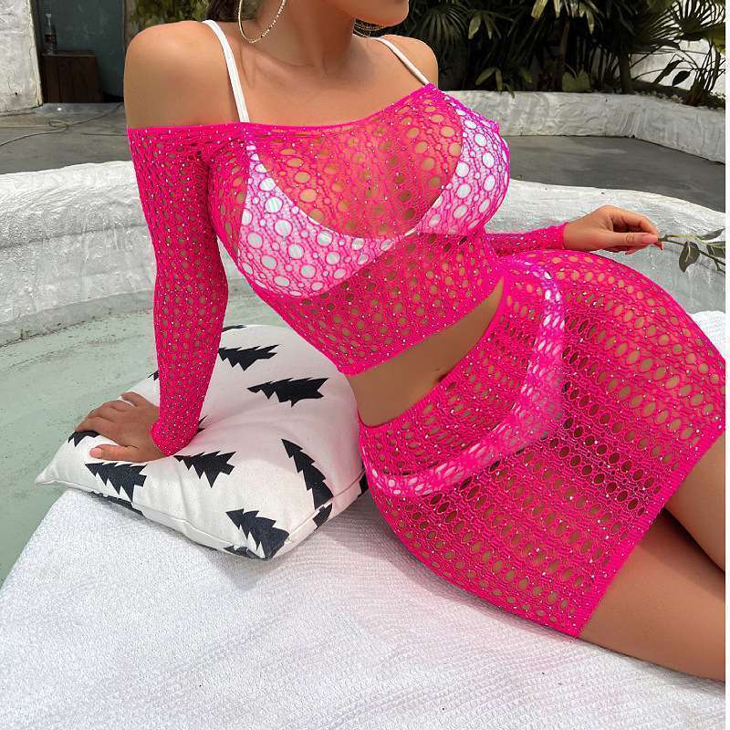 Women Lingerie Sets,Long sleeve,2 Piece,Sexy Mesh Fishnet Dress,Rose