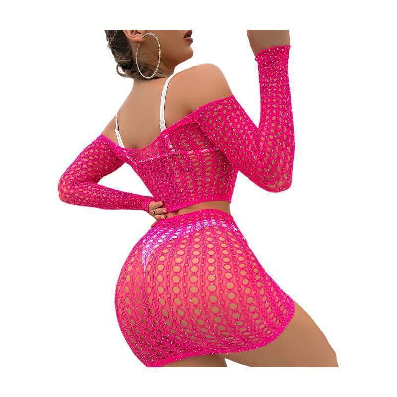 Women Lingerie Sets,Long sleeve,2 Piece,Sexy Mesh Fishnet Dress,Rose