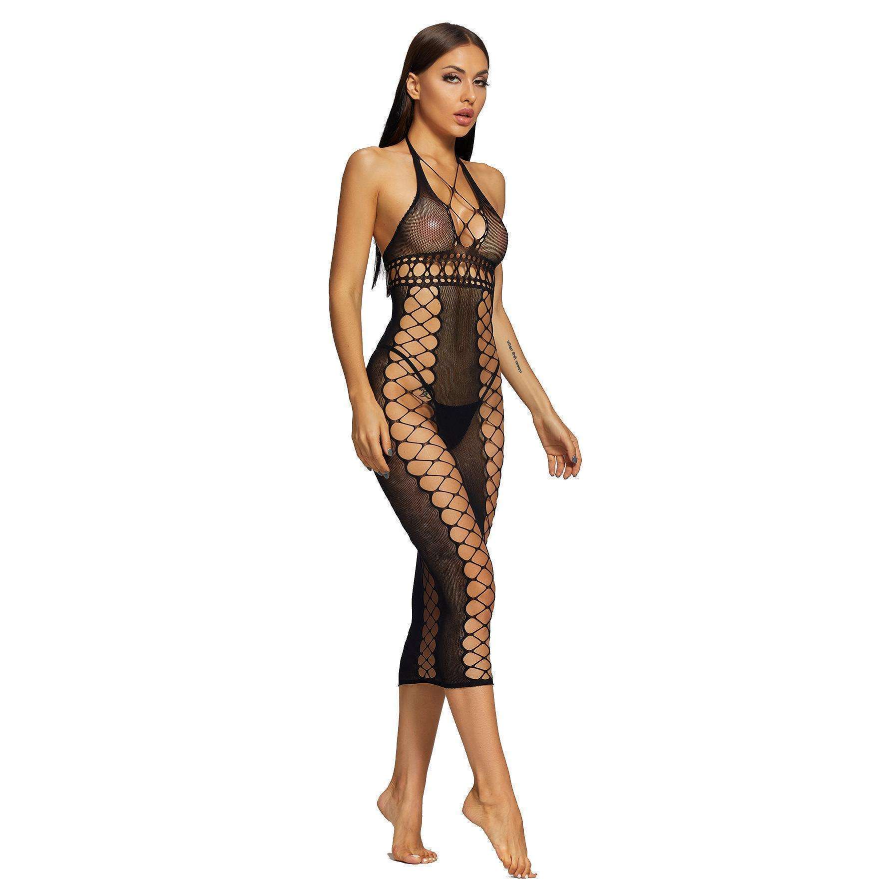 Sexy Lingerie，Sexy Mesh Fishnet Dress，Sexy Deep V Halter Open Back