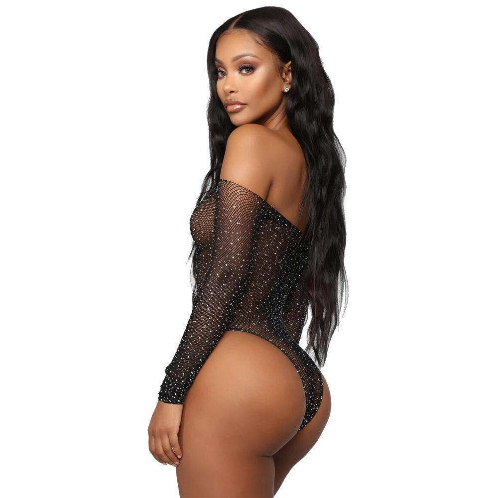 Sexy Lingerie,One Piece Bodysuit,Sparkle Rhinestone,Long sleeve