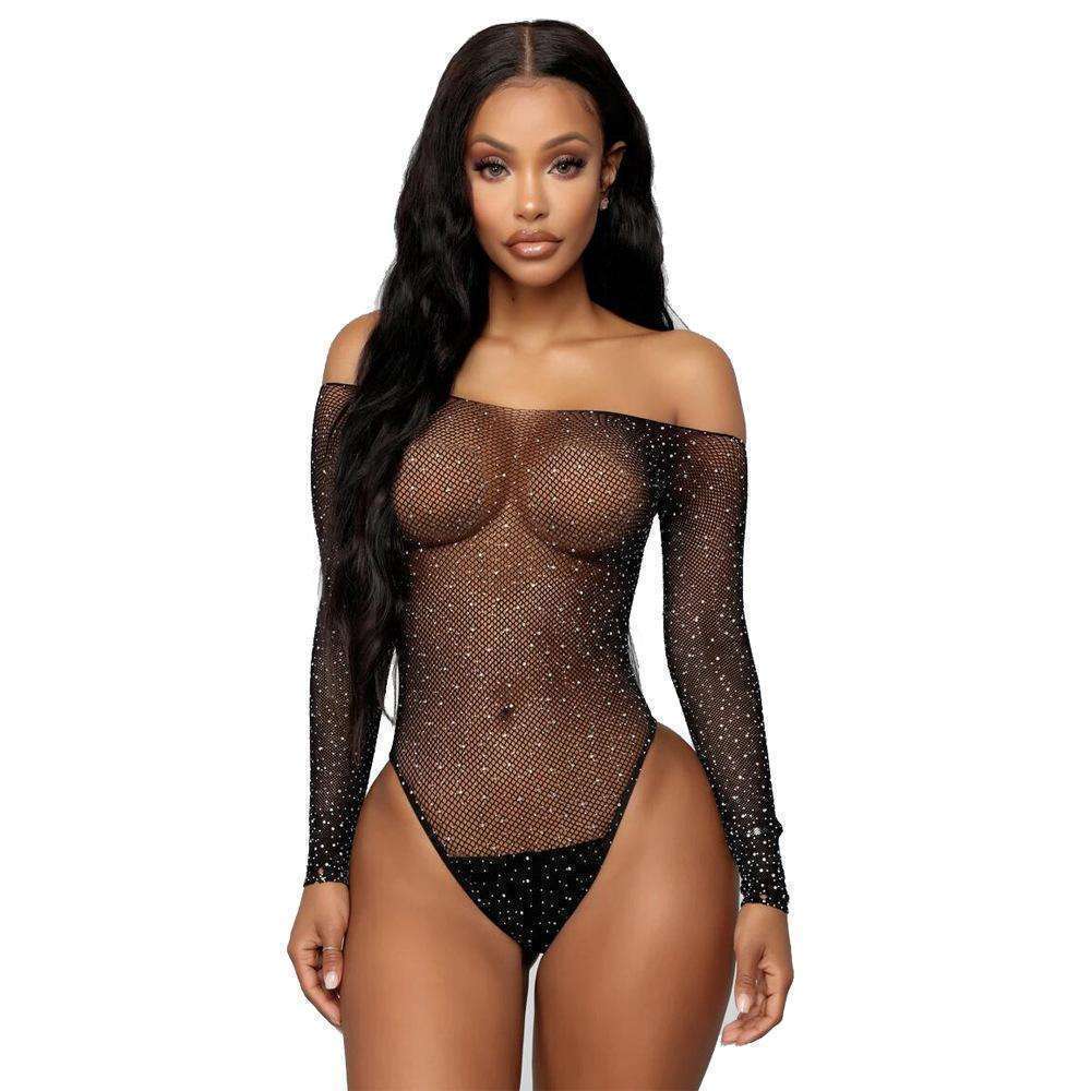 Sexy Lingerie,One Piece Bodysuit,Sparkle Rhinestone,Long sleeve