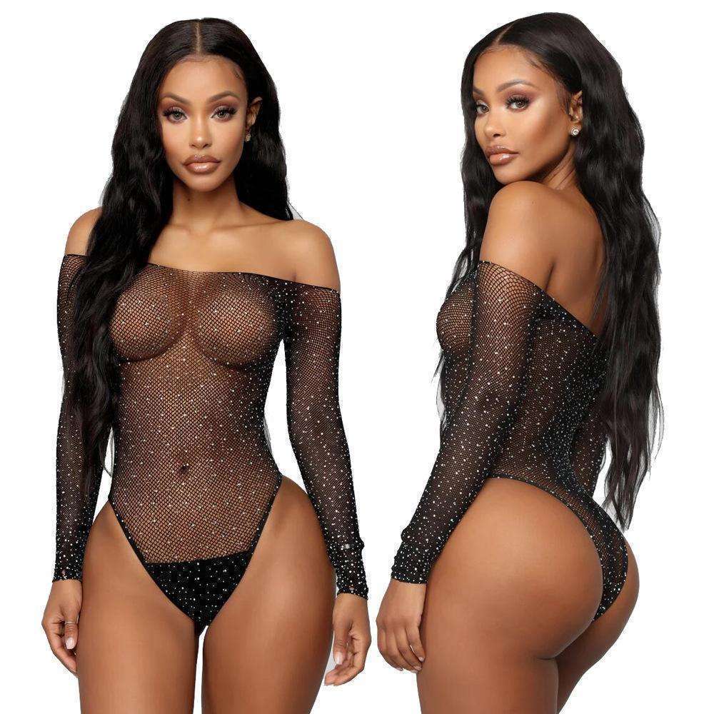 Sexy Lingerie,One Piece Bodysuit,Sparkle Rhinestone,Long sleeve