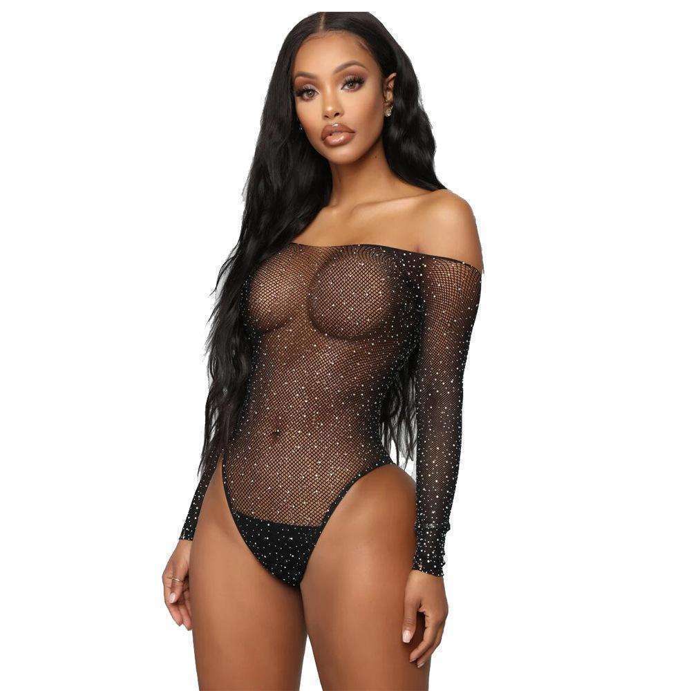 Sexy Lingerie,One Piece Bodysuit,Sparkle Rhinestone,Long sleeve