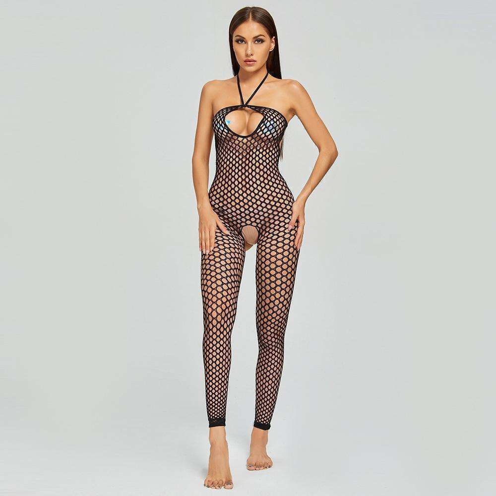 Sexy Mesh One Piece Bodysuit, Sexy Deep V Halter Open Back,Open net