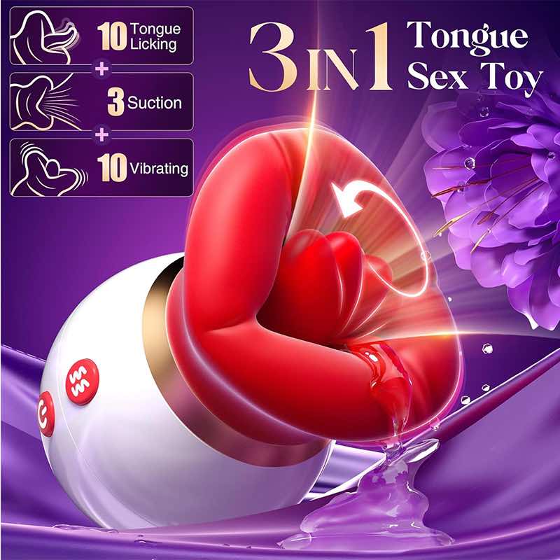 First kiss, big mouth, tongue licking and sucking device, nipple, genital area, tongue licking vibrator