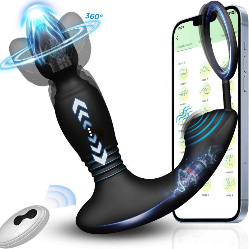 Prostate Rotation Anal Plug with Cock Ring Remote control of 9-frequency vibration