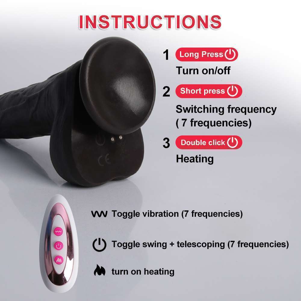 4 in 1 Realistic Dildo 9.4 inch Heating/Vibration/Rotation/Telescopic - Black Knight