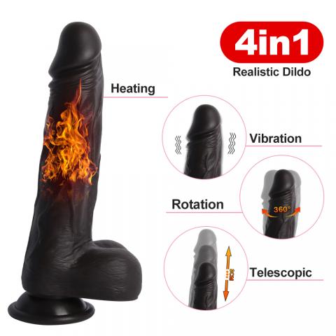 4 in 1 Realistic Dildo 9.4 inch Heating/Vibration/Rotation/Telescopic - Black Knight